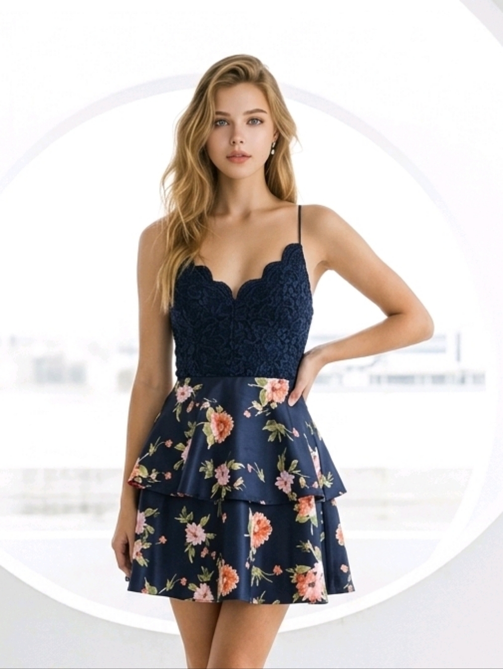 City Studio Navy Floral Corset Lace-Up Fit Flare Homecoming Dress Juniors 9 NWT